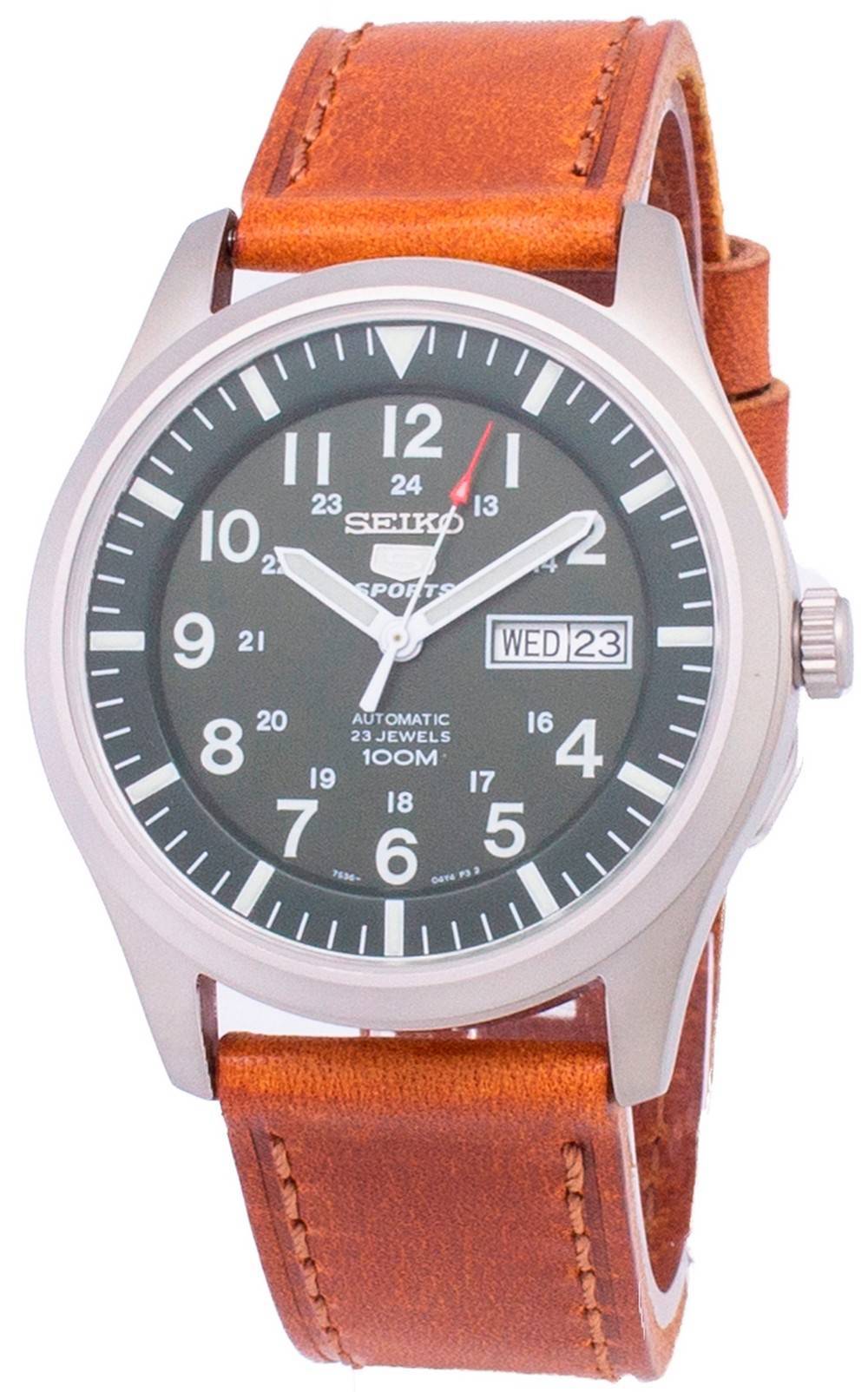 Seiko 5 Sports Automatic Ratio Brown Leather. A brand-new Seiko 5 Sports watch featuring a Leather strap. Side view.