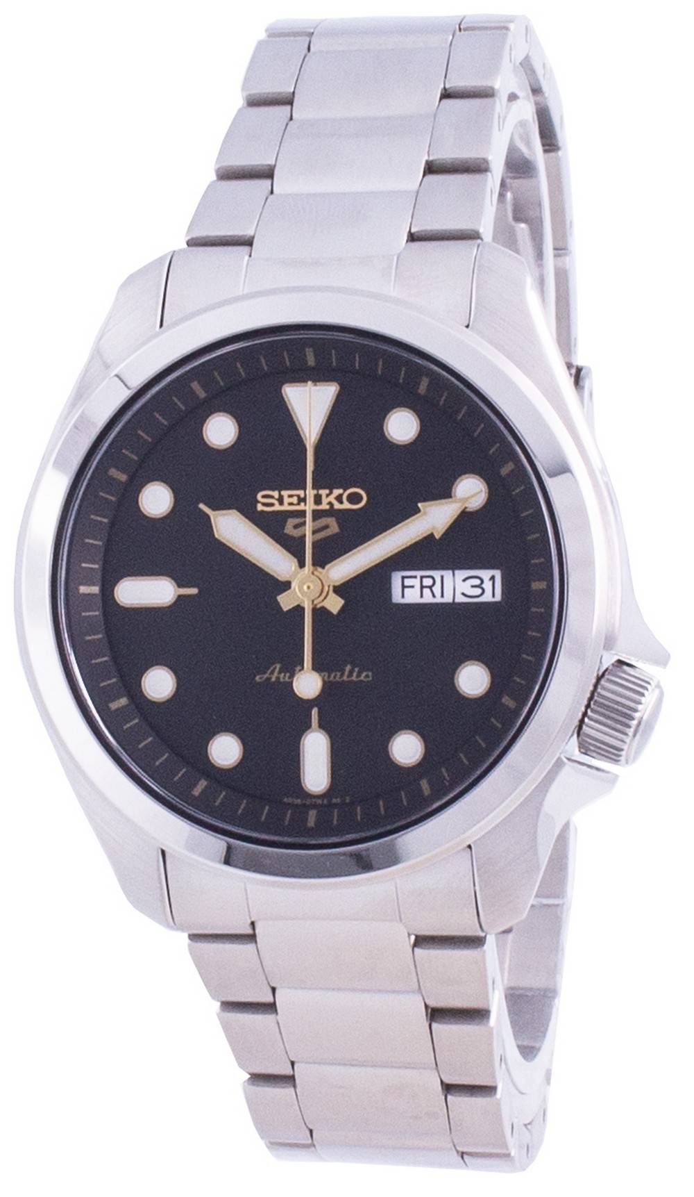 Seiko 5 Sports Black Dial Automatic SRPE57 SRPE57K 100M. A brand-new Seiko 5 Sports watch featuring a Black dial and a Stainless steel strap. Front view.