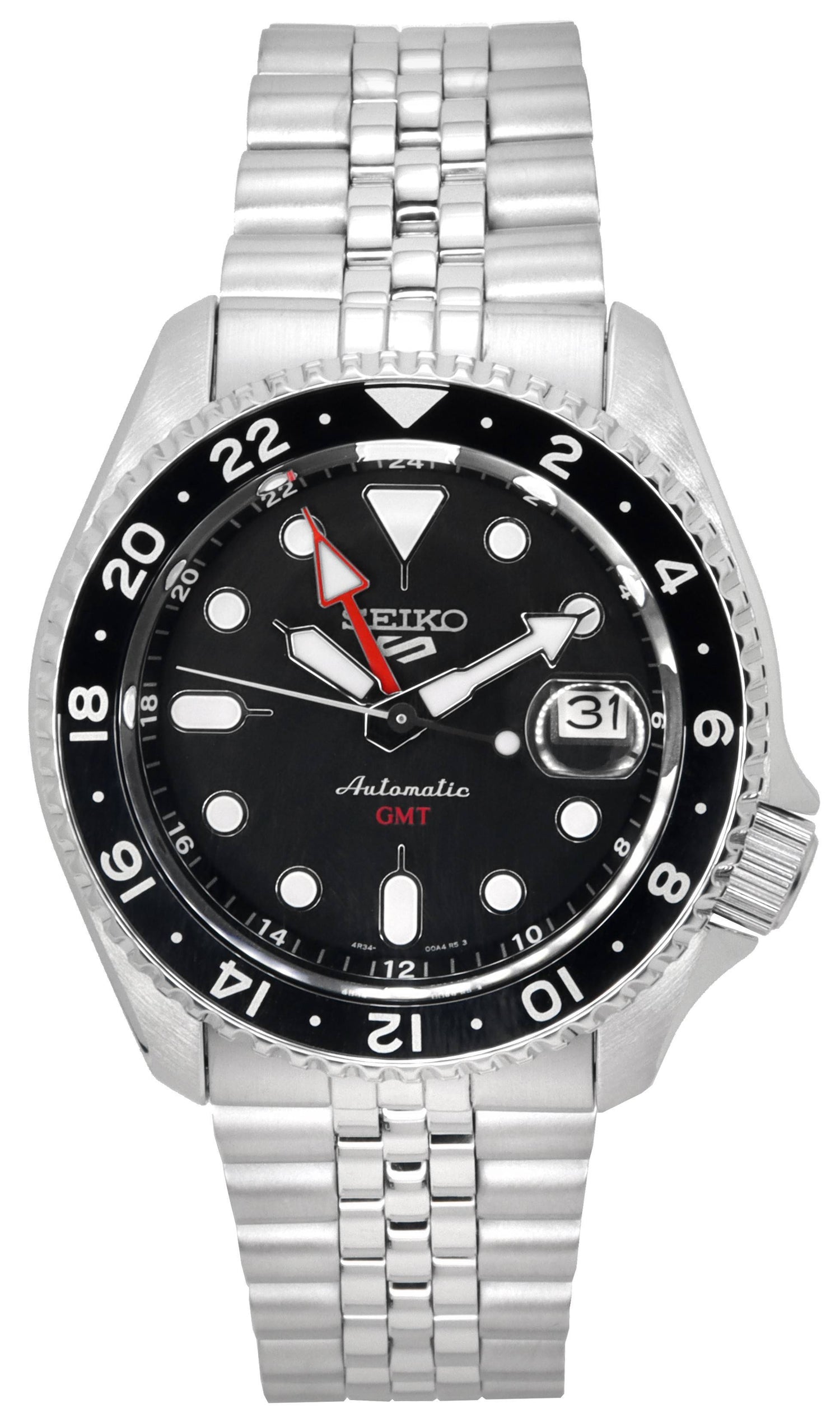 Seiko 5 Sports Black Grape GMT SKX Re-Interpretation. A brand-new Seiko 5 Sports watch featuring a Stainless steel strap. Side view.