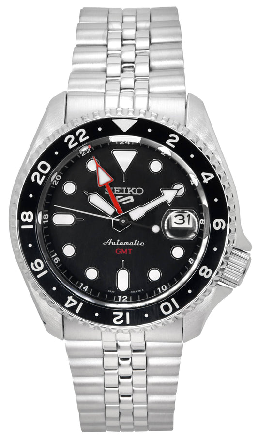 Seiko 5 Sports Black Grape GMT SKX Re-Interpretation. A brand-new Seiko 5 Sports watch featuring a Stainless steel strap. Side view.