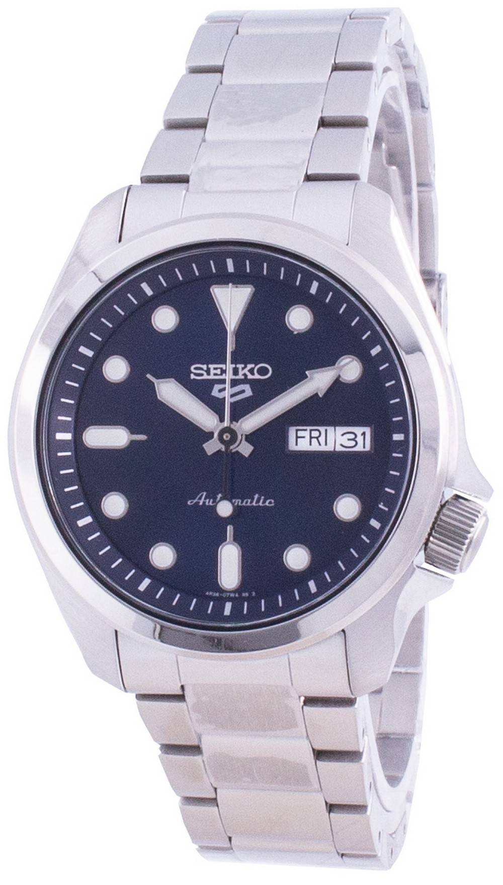 Seiko 5 Sports Blue Dial Automatic SRPE53 SRPE53K 100M. A brand-new Seiko 5 Sports watch featuring a Blue dial and a Stainless steel strap. Side view.