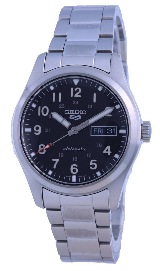 Seiko 5 Sports Field Black Dial Automatic SRPG27 SRPG27K. A brand-new Seiko 5 Sports watch featuring a Black dial and a Stainless steel strap. Angled view.