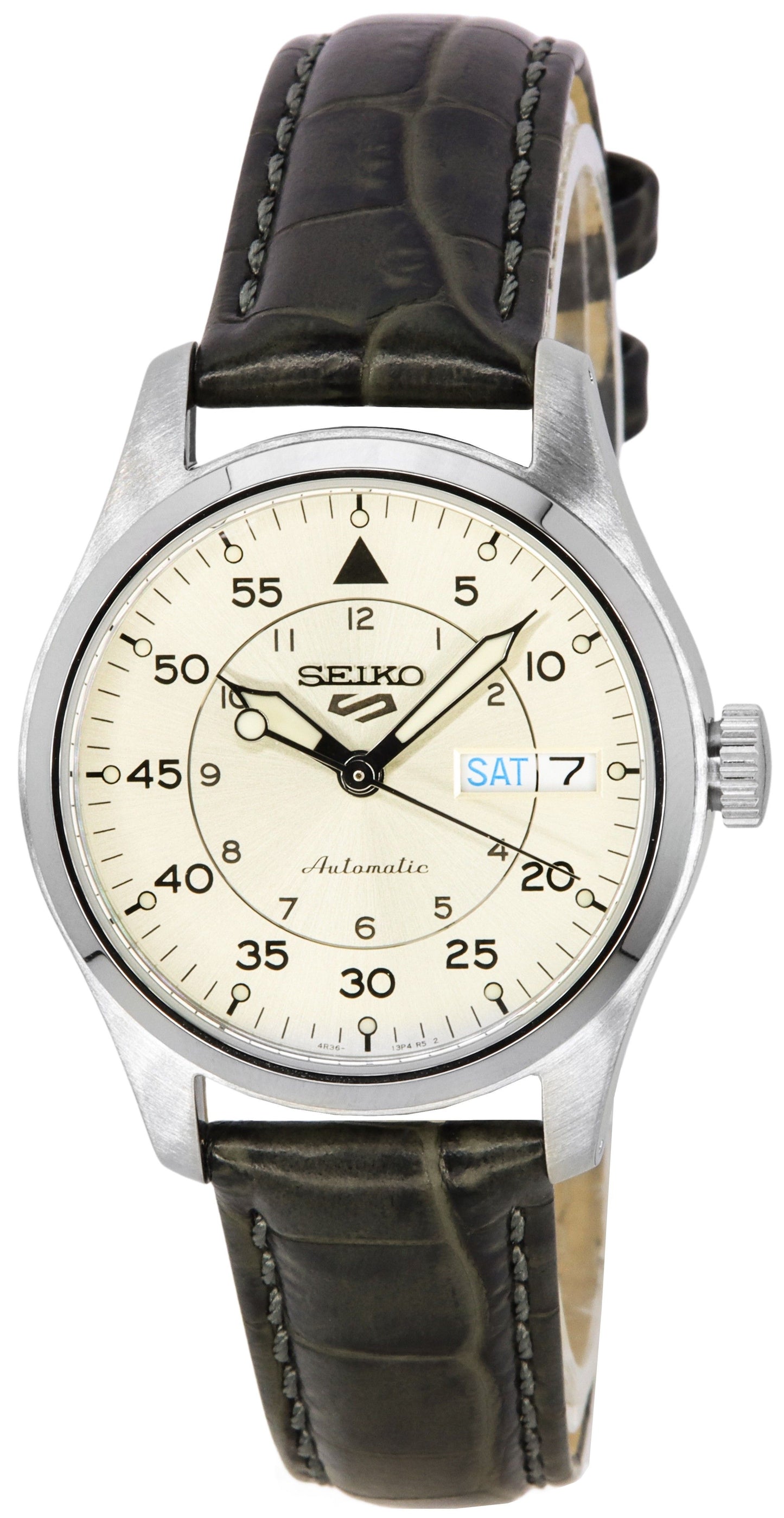 Seiko 5 Sports GMT Champagne Flieger Suit Style Leather. A brand-new Seiko 5 Sports watch featuring a Leather strap. Side view.