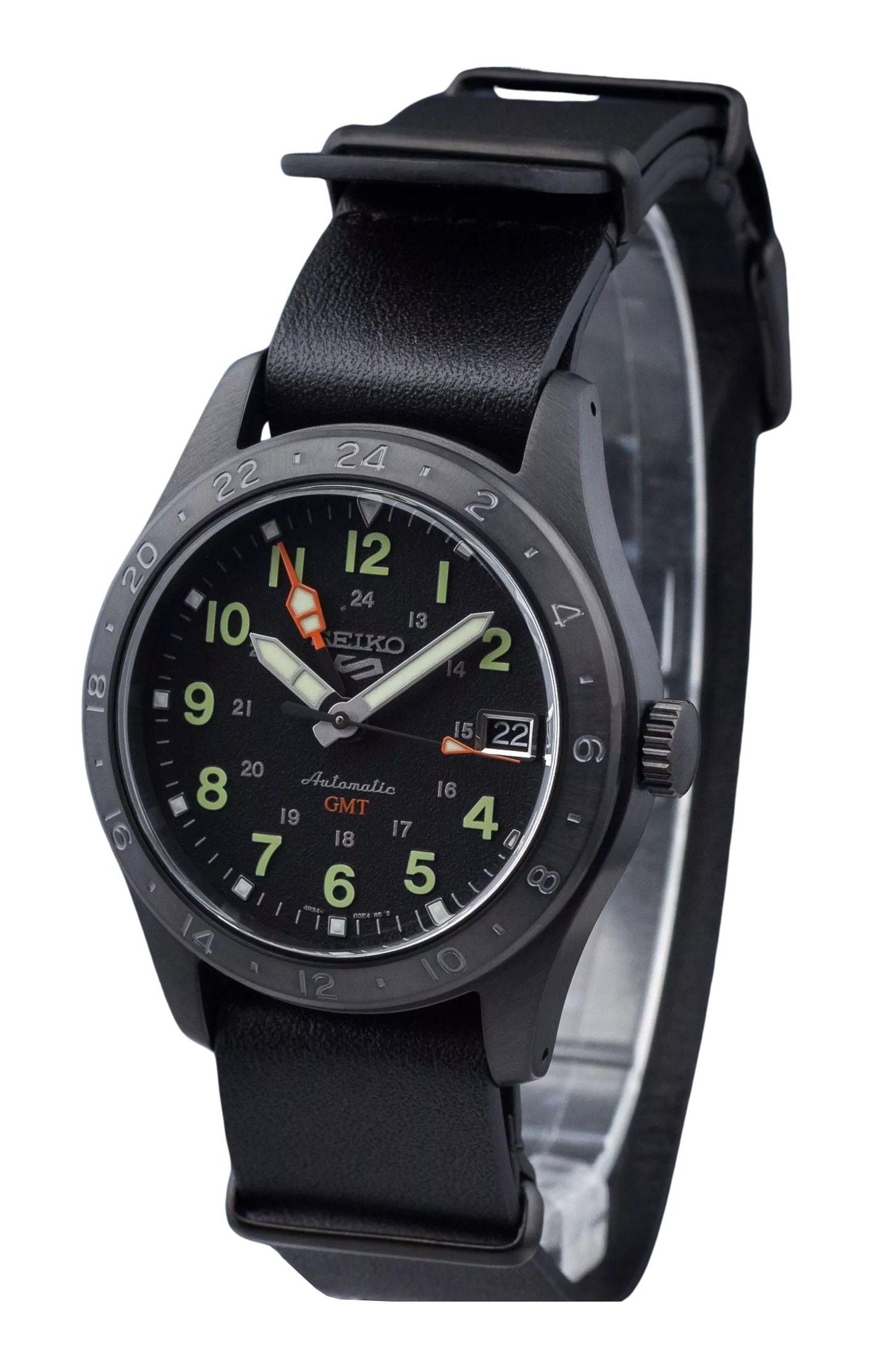 Seiko 5 Sports GMT Field Series Leather Strap Black Dial. A brand-new Seiko 5 Sports watch featuring a Black dial and a Leather strap. Angled view.