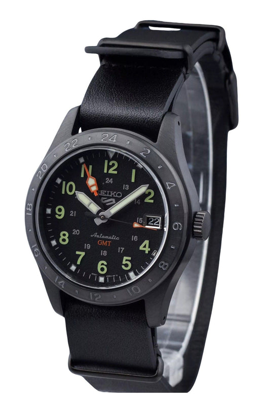 Seiko 5 Sports GMT Field Series Leather Strap Black Dial. A brand-new Seiko 5 Sports watch featuring a Black dial and a Leather strap. Angled view.