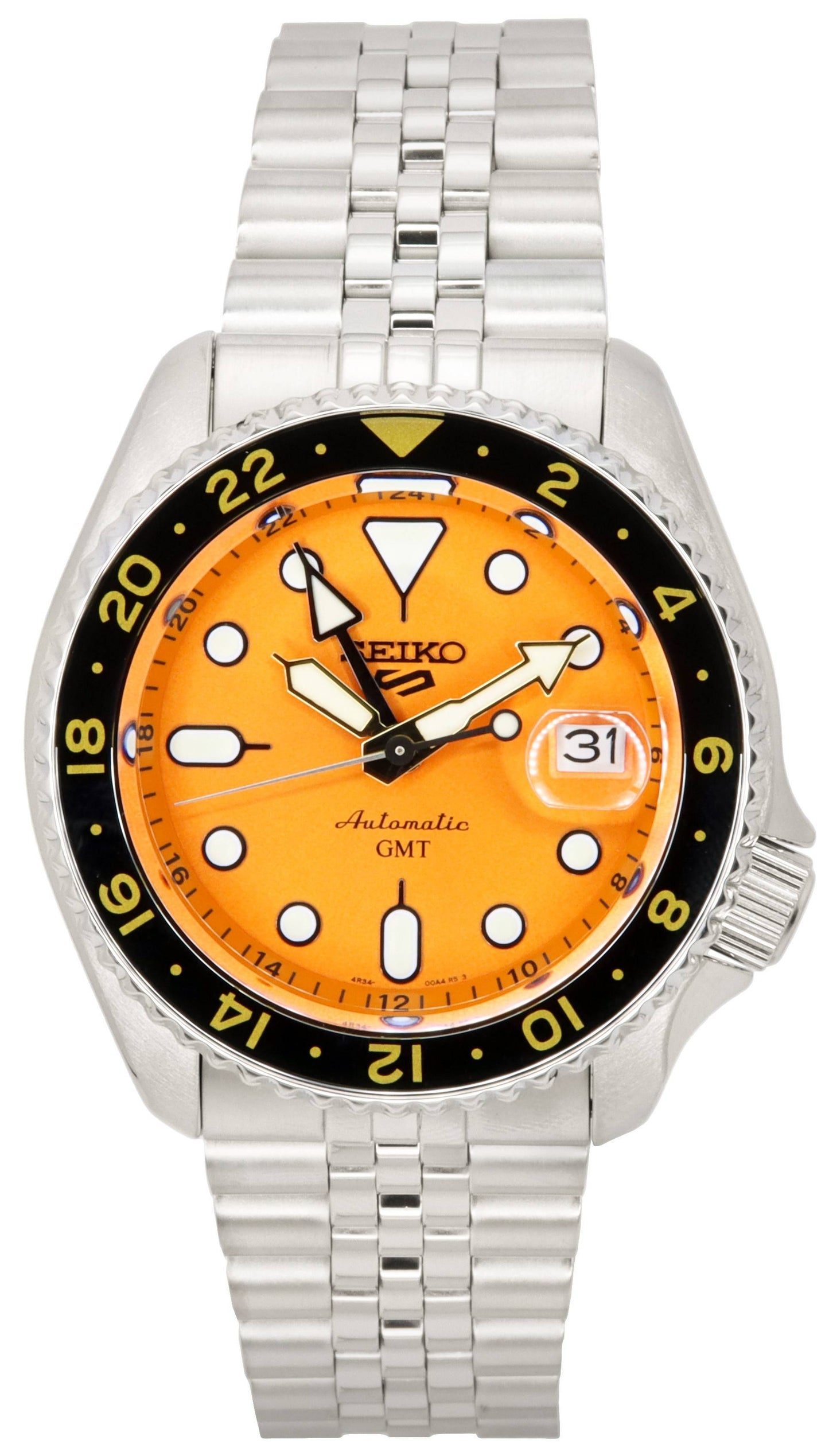 Seiko 5 Sports Mikan Orange GMT SKX Re-Interpretation. A brand-new Seiko 5 Sports watch featuring a Stainless steel strap. Angled view.