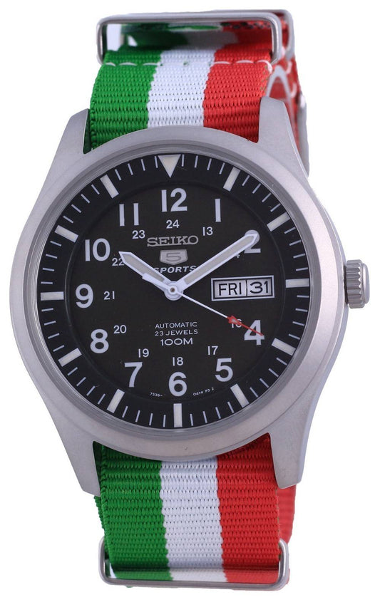 Seiko 5 Sports Military Automatic Polyester 100M. A brand-new Seiko 5 Sports watch featuring a Stainless steel strap. Angled view.