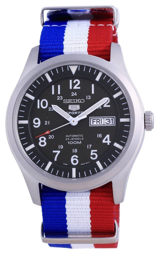 Seiko 5 Sports Military Automatic Polyester 100M. A brand-new Seiko 5 Sports watch featuring a Stainless steel strap. Angled view.