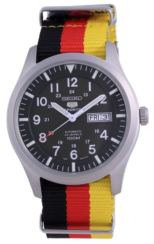 Seiko 5 Sports Military Automatic Polyester 100M. A brand-new Seiko 5 Sports watch featuring a Stainless steel strap. Angled view.