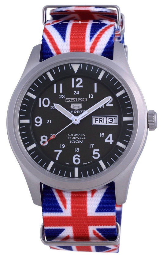 Seiko 5 Sports Military Automatic Polyester 100M. A brand-new Seiko 5 Sports watch featuring a Stainless steel strap. Front view.