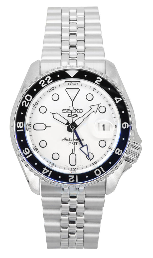 Seiko 5 Sports SKX GMT Stainless Steel White Dial Automatic. A brand-new Seiko 5 Sports watch featuring a White dial and a Stainless steel strap. Angled view.