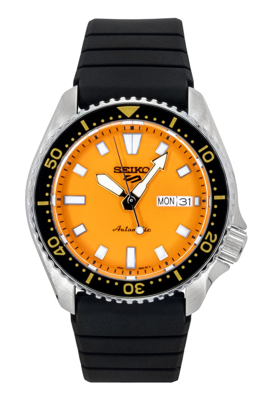 Seiko 5 Sports SKX Redux Silicone Strap Orange Dial. A brand-new Seiko 5 Sports watch featuring a Orange dial and a Silicone strap. Front view.