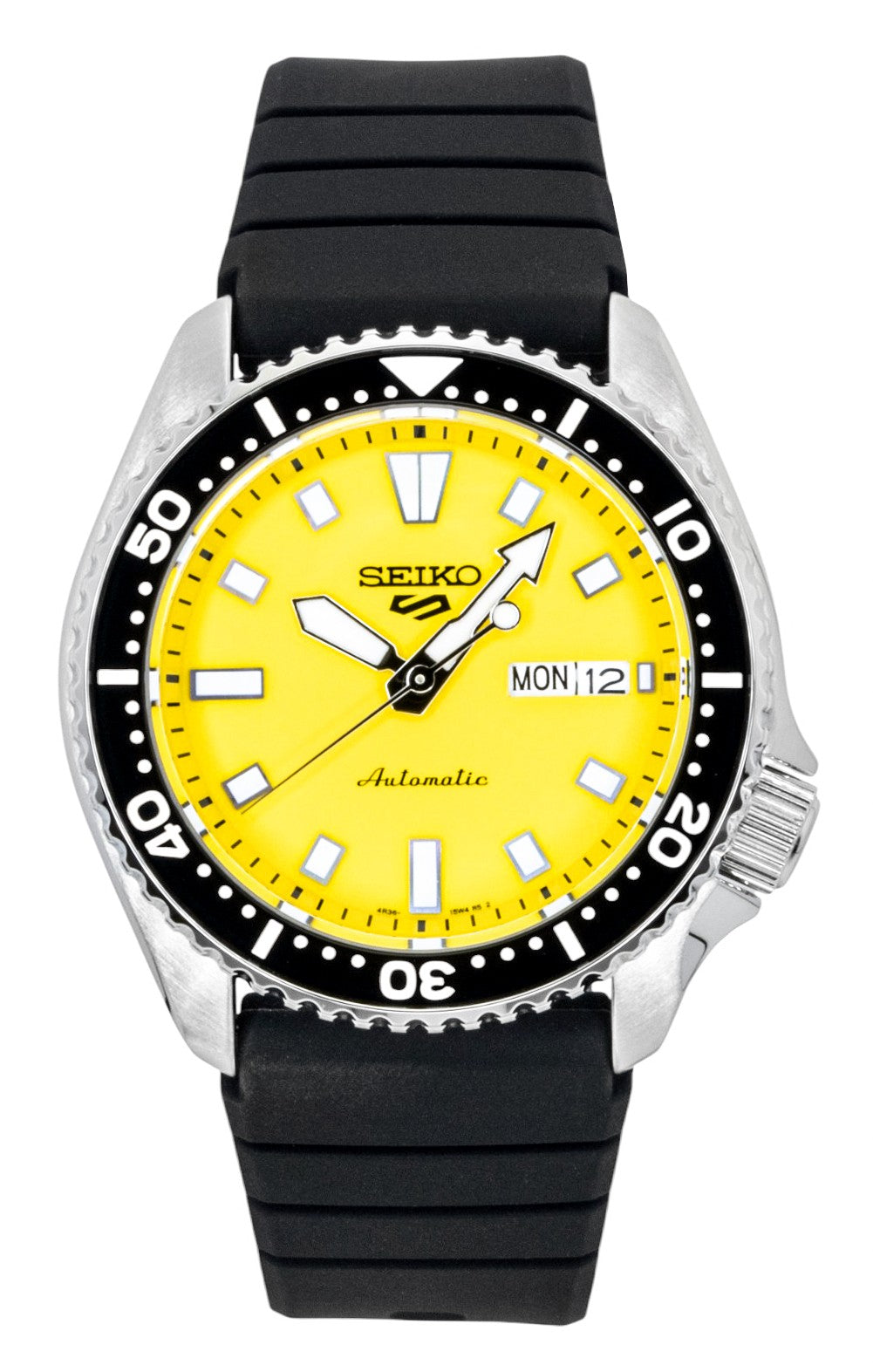 Seiko 5 Sports SKX Redux Silicone Strap Yellow Dial. A brand-new Seiko 5 Sports watch featuring a Yellow dial and a Silicone strap. Front view.