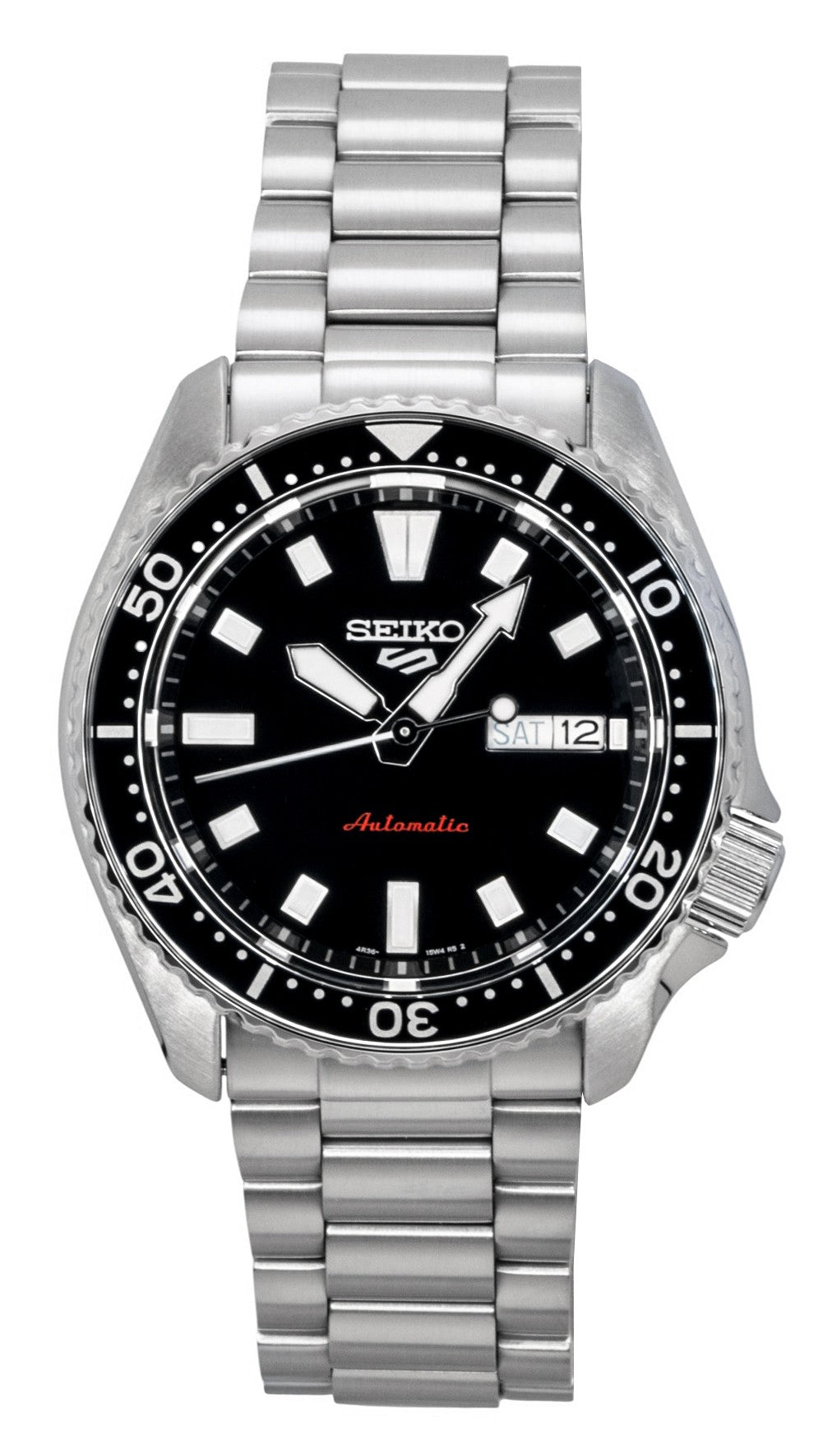 Seiko 5 Sports SKX Redux Stainless Steel Black Dial. A brand-new Seiko 5 Sports watch featuring a Black dial and a Stainless steel strap. Side view.