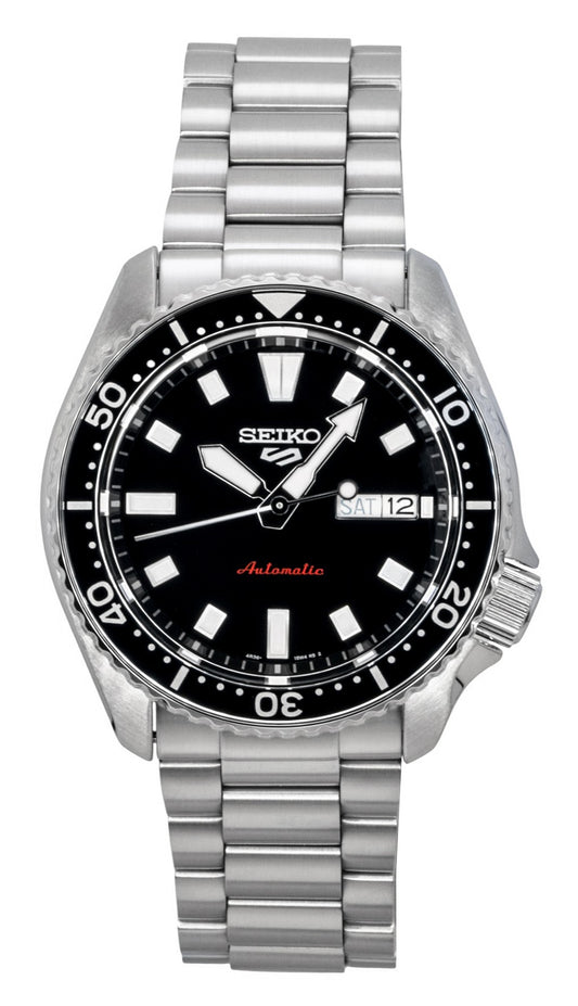 Seiko 5 Sports SKX Redux Stainless Steel Black Dial. A brand-new Seiko 5 Sports watch featuring a Black dial and a Stainless steel strap. Side view.