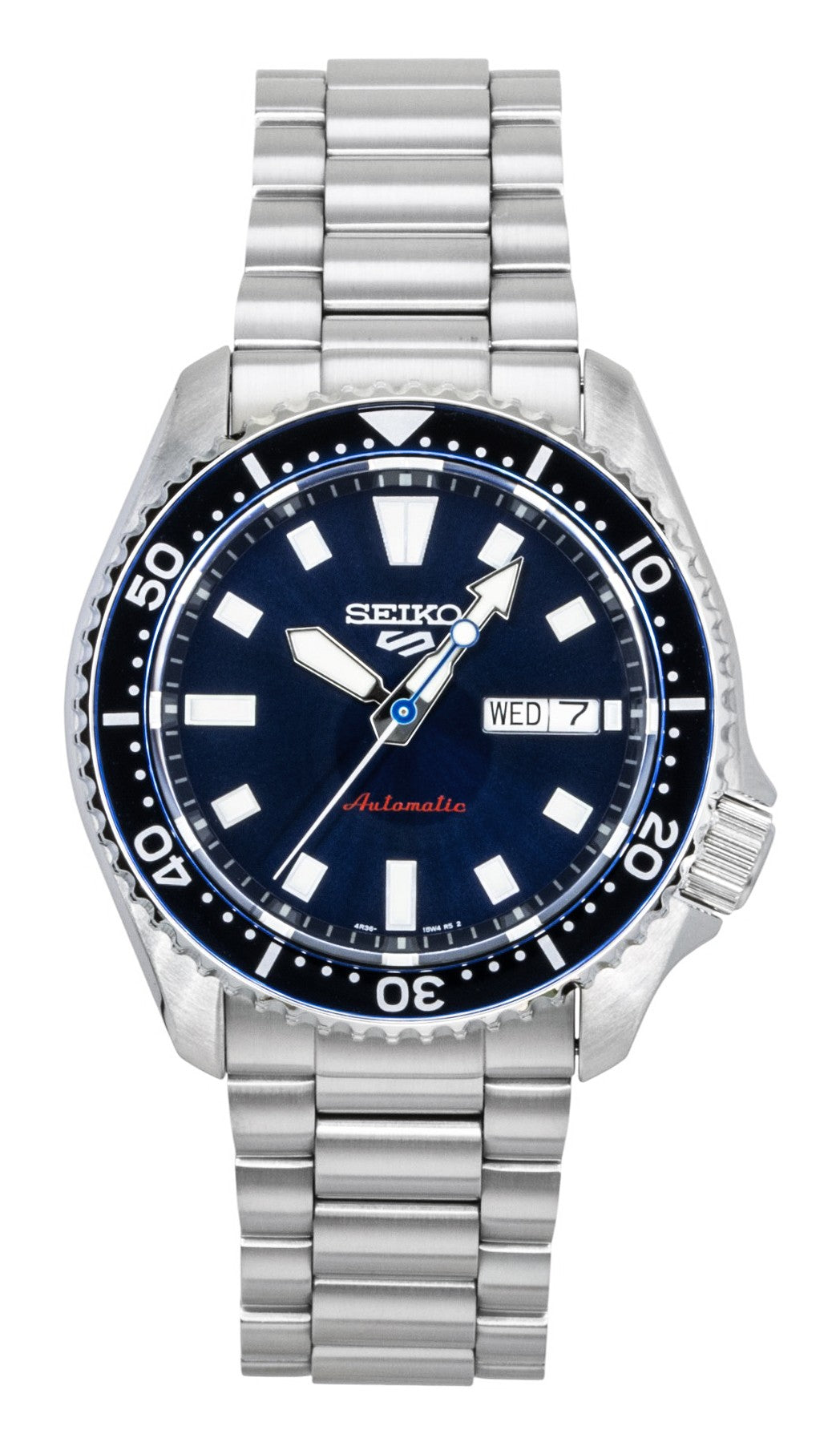 Seiko 5 Sports SKX Redux Stainless Steel Blue Dial. A brand-new Seiko 5 Sports watch featuring a Blue dial and a Stainless steel strap. Front view.