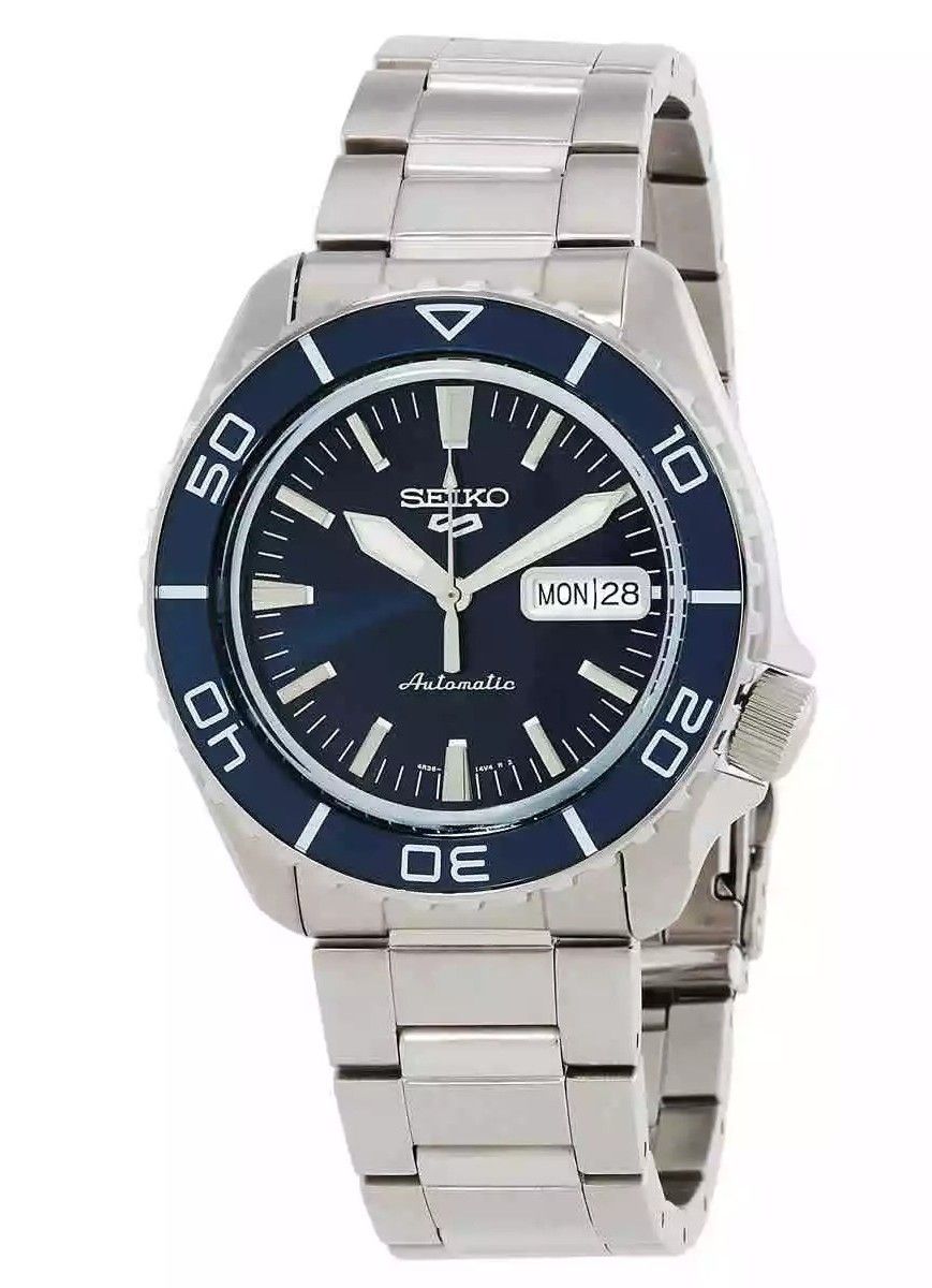Seiko 5 Sports SKX Series Stainless Steel Blue Sunray Dial. A brand-new Seiko 5 Sports watch featuring a Blue Sunray dial and a Stainless steel strap. Front view.