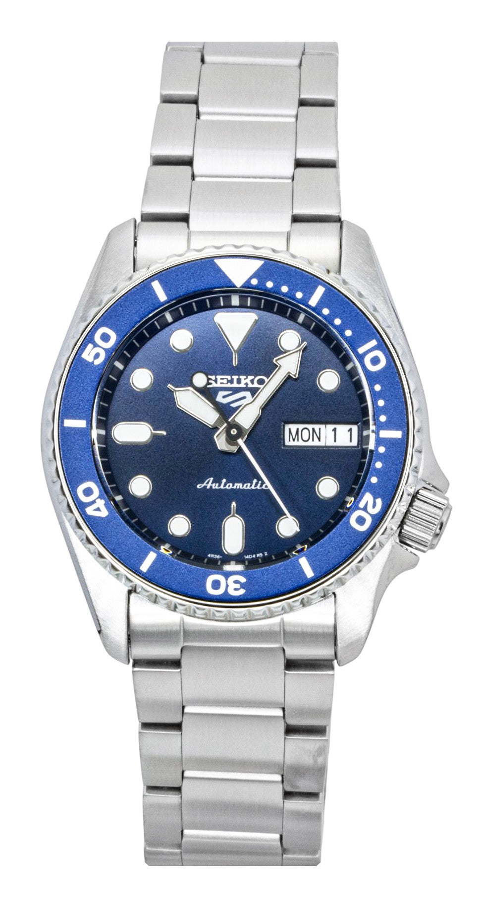 Seiko 5 Sports SKX Street Denim Stainless Steel Blue Dial. A brand-new Seiko 5 Sports watch featuring a Blue dial and a Stainless steel strap. Side view.