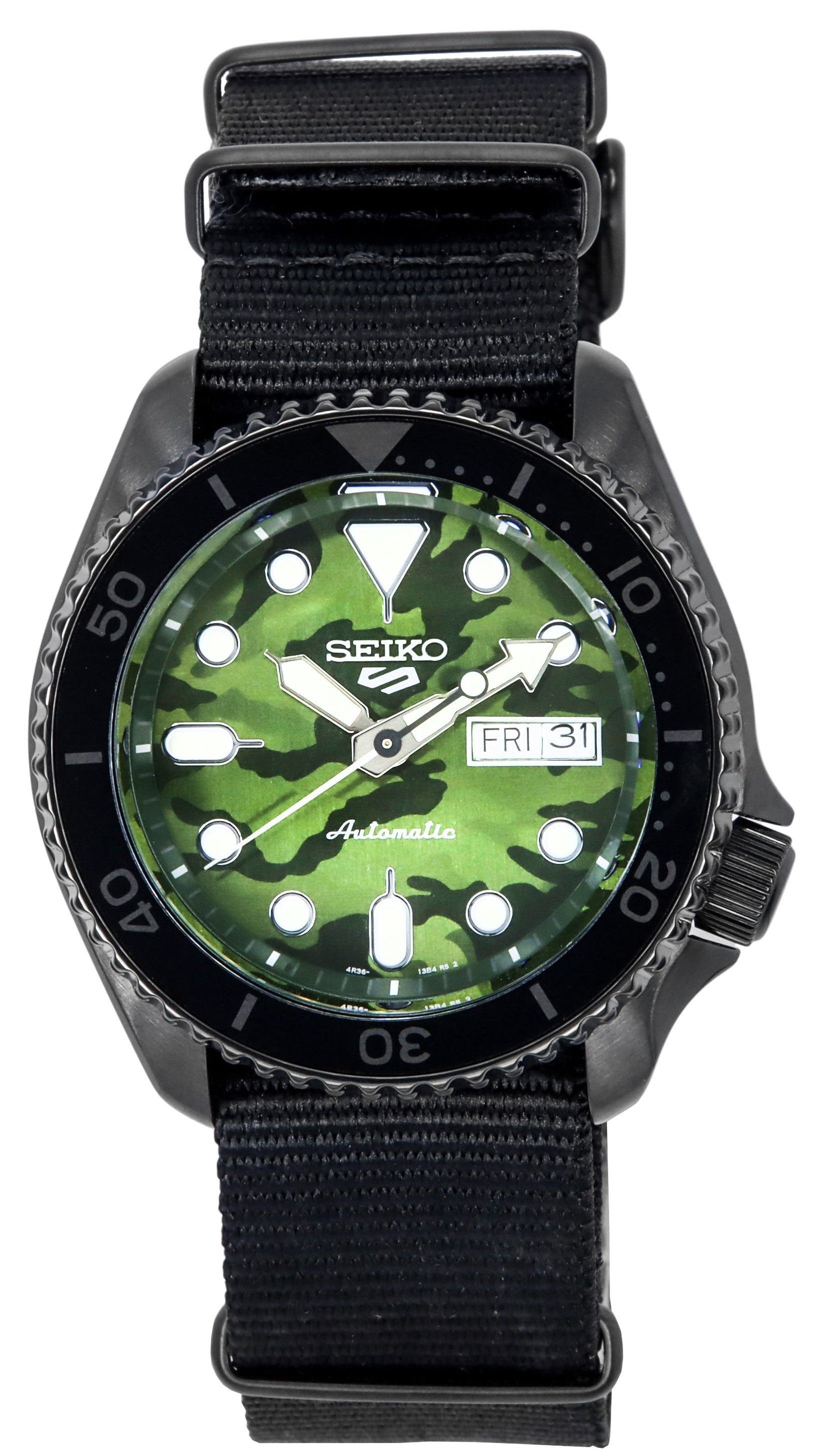 Seiko 5 Sports SKX Street Style Nylon Strap Camouflage Dial. A brand-new Seiko 5 Sports watch featuring a Nylon strap. Front view.