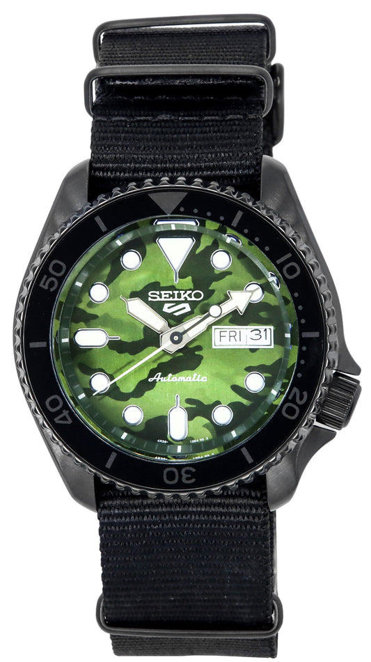 Seiko 5 Sports SKX Street Style Nylon Strap Camouflage Dial. A brand-new Seiko 5 Sports watch featuring a Nylon strap. Front view.