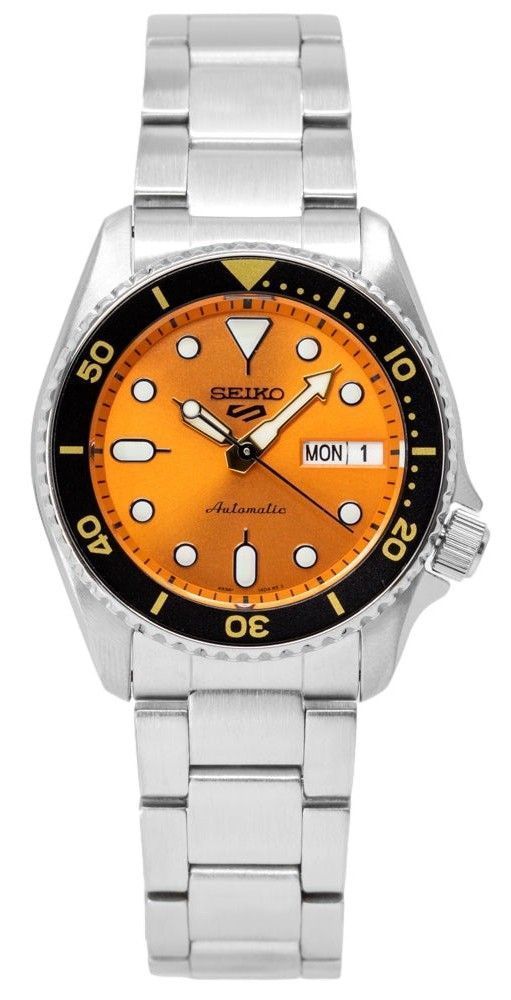 Seiko 5 Sports SKX Style Midi Orange Dial Automatic 100M. A brand-new Seiko 5 Sports watch featuring a Orange dial and a Stainless steel strap. Side view.
