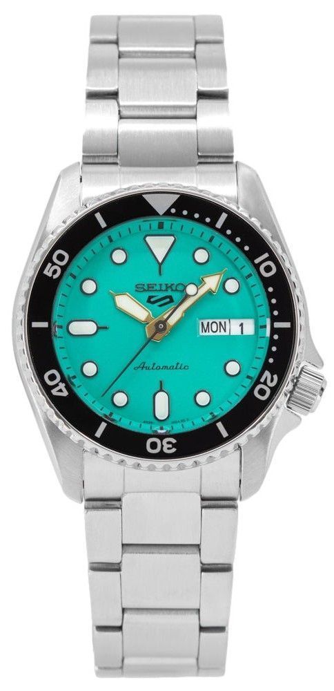 Seiko 5 Sports SKX Style Midi Teal Dial Automatic 100M. A brand-new Seiko 5 Sports watch featuring a Stainless steel strap. Side view.