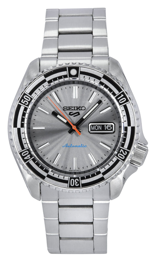 Seiko 5 Sports SKX Style Special Edition Stainless Steel. A brand-new Seiko 5 Sports watch featuring a Silver dial and a Stainless steel strap. Side view.