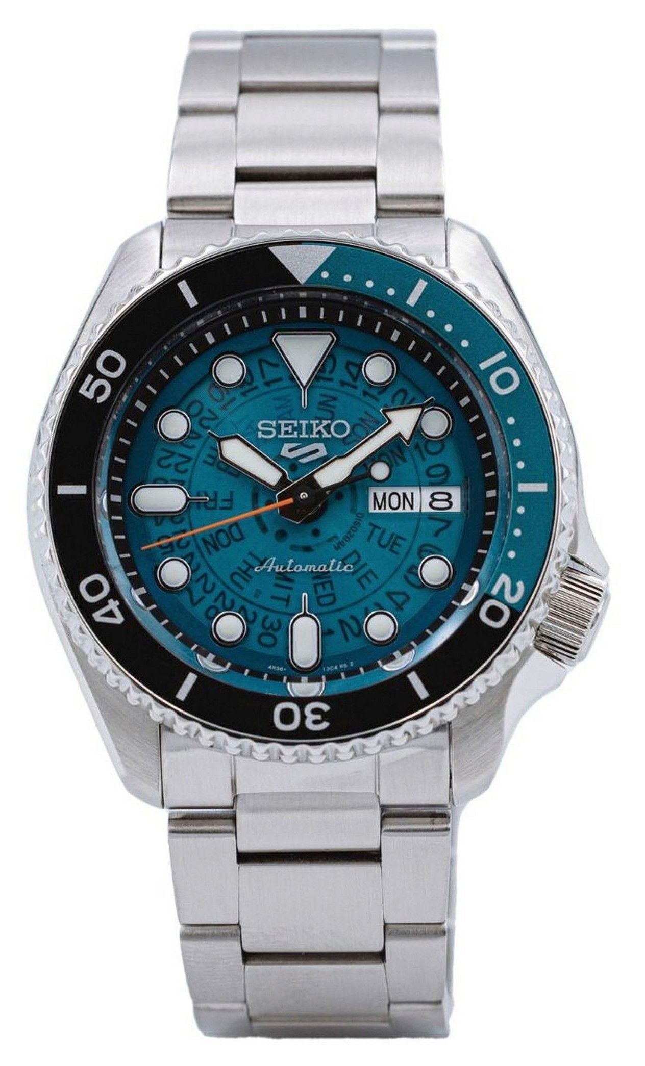 Seiko 5 Sports SKX Style Stainless Steel Transparent Teal. A brand-new Seiko 5 Sports watch featuring a Stainless steel strap. Angled view.