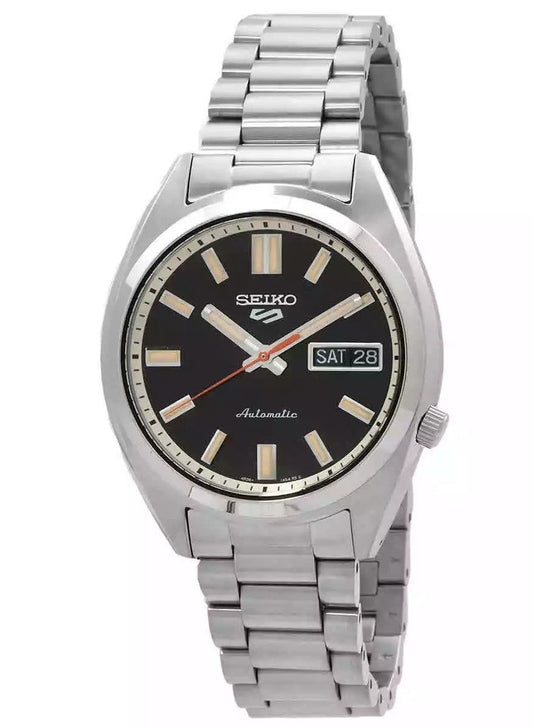 Seiko 5 Sports SNXS Series Stainless Steel Deep Black Wash. A brand-new Seiko 5 Sports watch featuring a Deep Black Wash dial and a Stainless steel strap. Angled view.