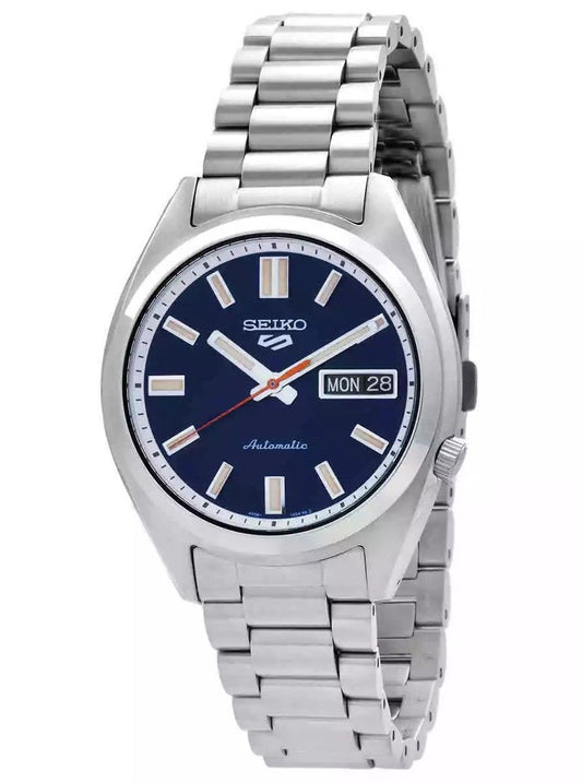 Seiko 5 Sports SNXS Series Stainless Steel Rinse Blue Dial. A brand-new Seiko 5 Sports watch featuring a Blue dial and a Stainless steel strap. Front view.