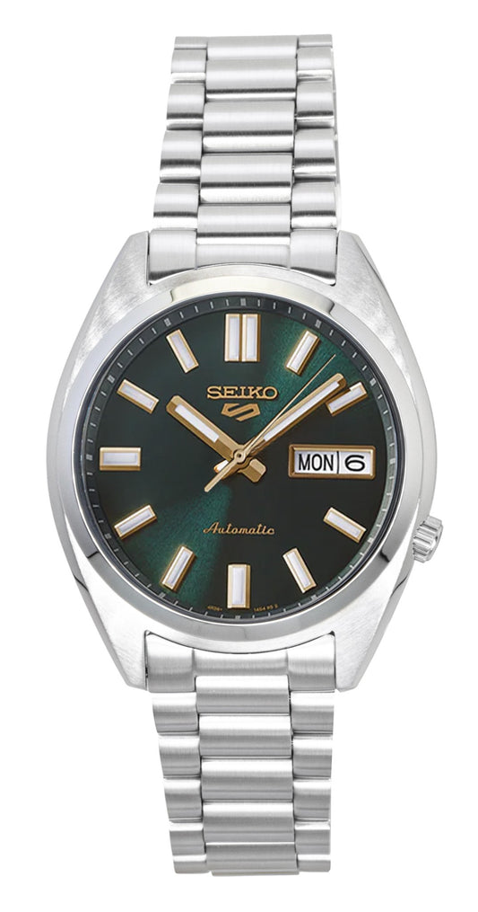 Seiko 5 Sports SNXS Stainless Steel Green Dial Automatic. A brand-new Seiko 5 Sports watch featuring a Green dial and a Stainless steel strap. Side view.