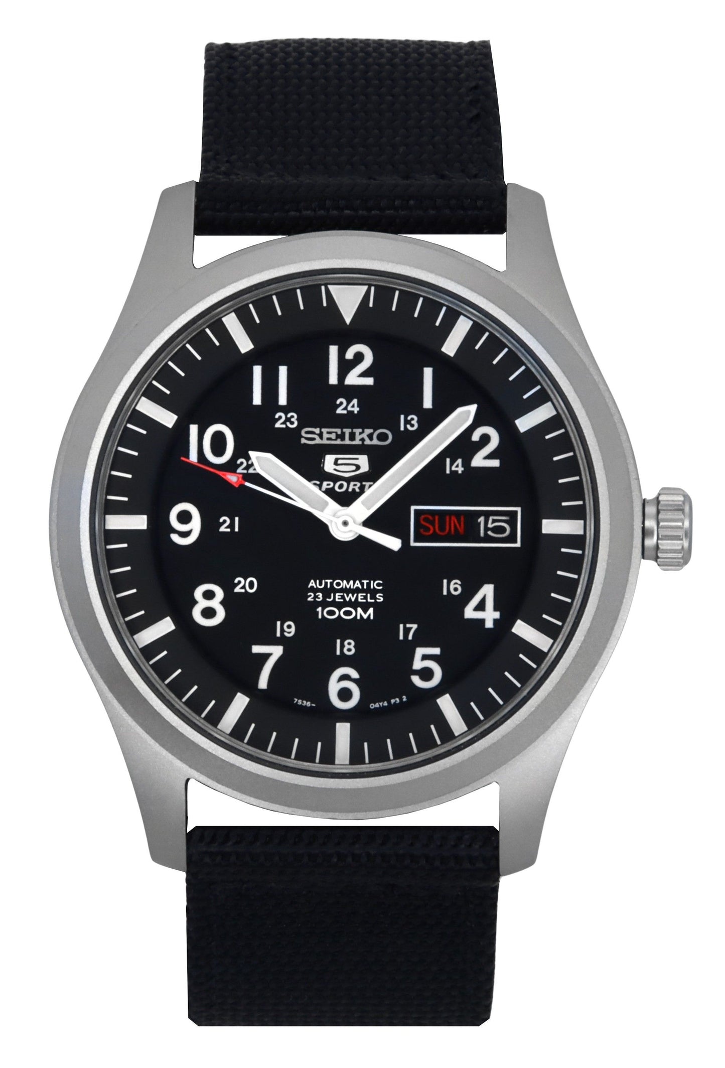 Seiko 5 Sports SNZG15 SNZG15K Automatic Men’s Watch. A brand-new Seiko 5 Sports watch featuring a Nylon strap. Front view.