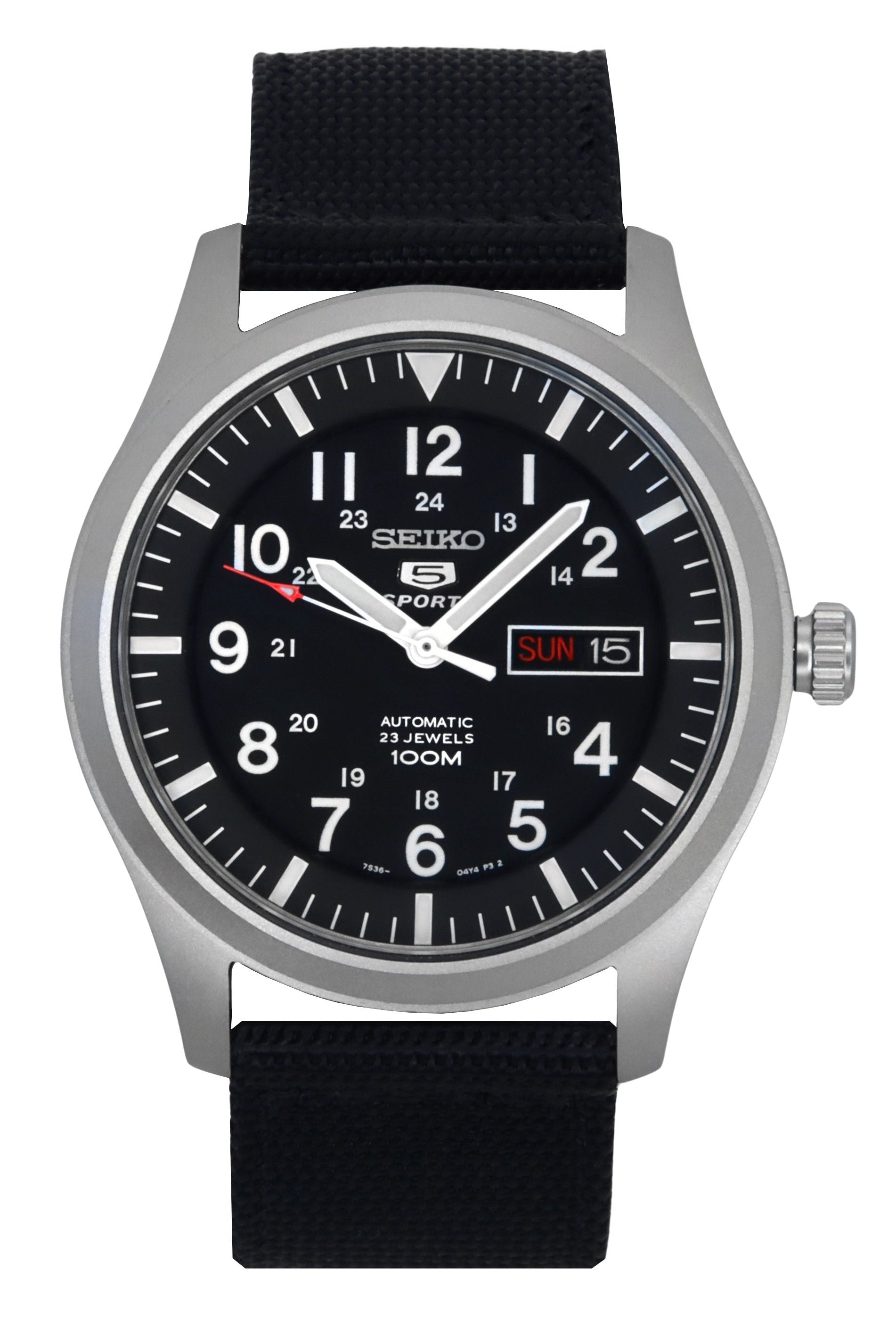 Seiko 5 Sports SNZG15 SNZG15K Automatic Men’s Watch. A brand-new Seiko 5 Sports watch featuring a Nylon strap. Front view.