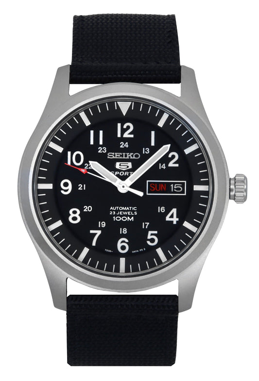 Seiko 5 Sports SNZG15 SNZG15K Automatic Men’s Watch. A brand-new Seiko 5 Sports watch featuring a Nylon strap. Front view.