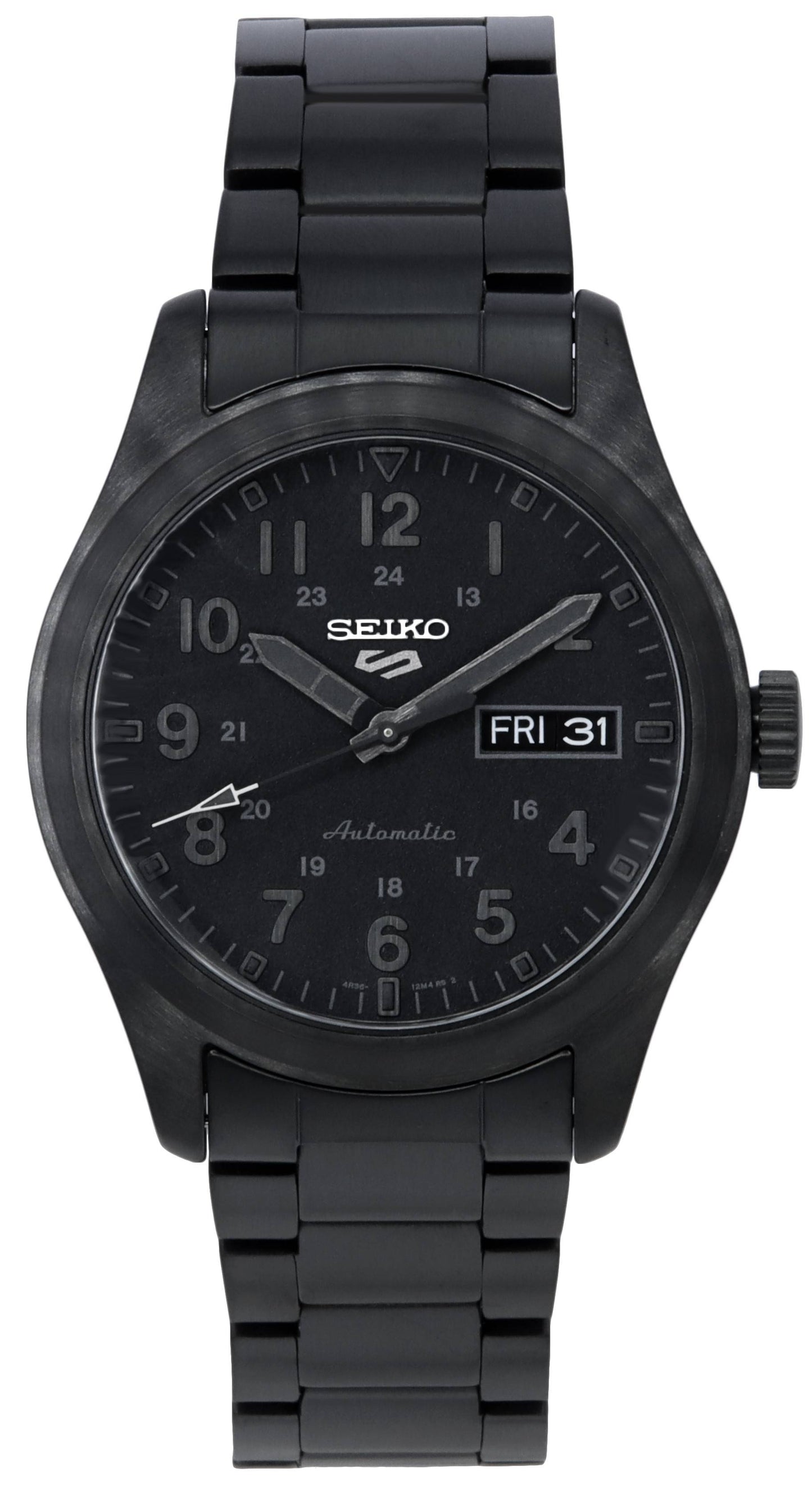 Seiko 5 Sports Stealth Black Dial Automatic SRPJ09 SRPJ09K. A brand-new Seiko 5 Sports watch featuring a Black dial and a Stainless steel strap. Front view.
