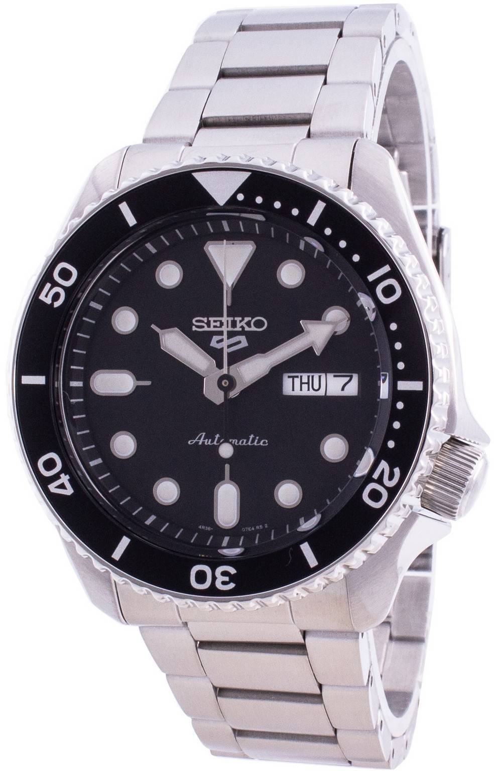Seiko 5 Sports Style Automatic SRPD55 SRPD55K 100M. A brand-new Seiko 5 Sports watch featuring a Stainless steel strap. Side view.