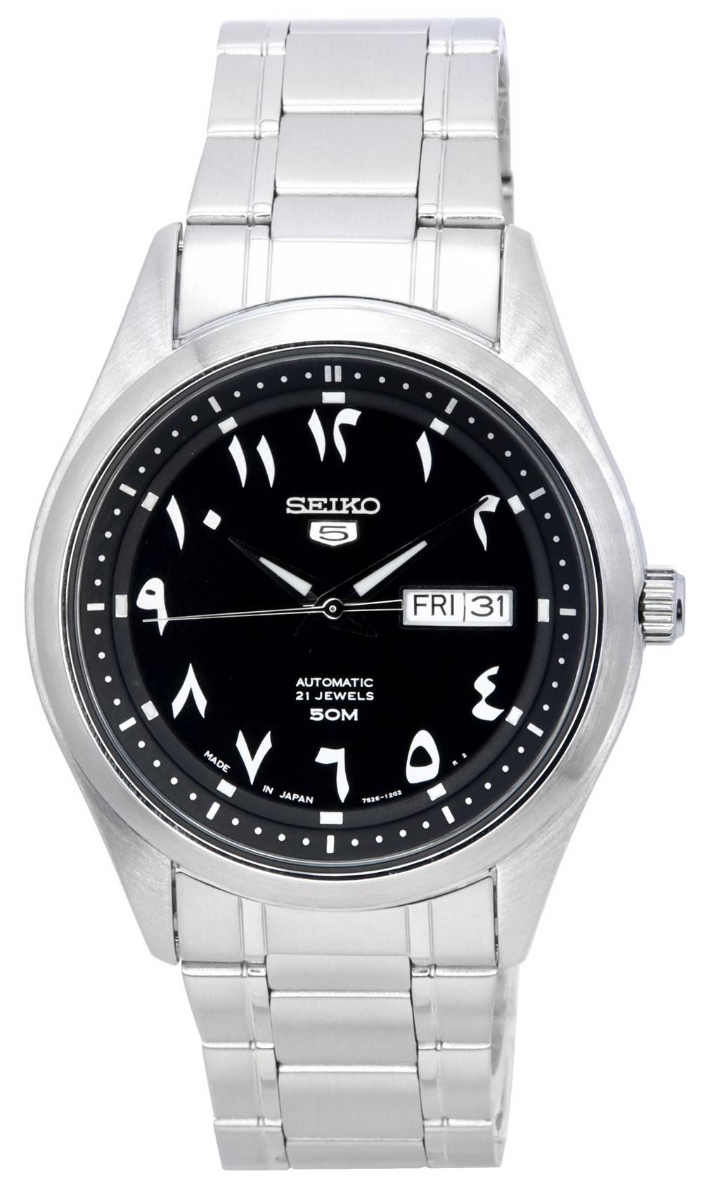 Seiko 5 Stainless Steel Black Arabic Dial Automatic SNKP21. A brand-new Seiko watch featuring a Stainless steel strap. Angled view.