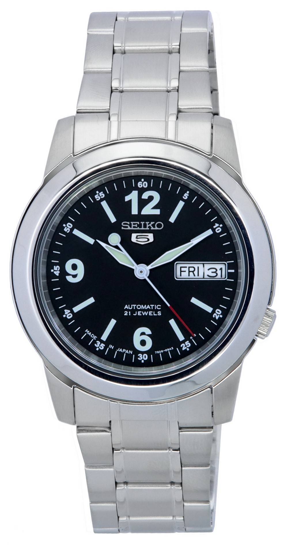 Seiko 5 Stainless Steel Black Dial Automatic SNKE63 SNKE63J. A brand-new Seiko watch featuring a Black dial and a Stainless steel strap. Front view.