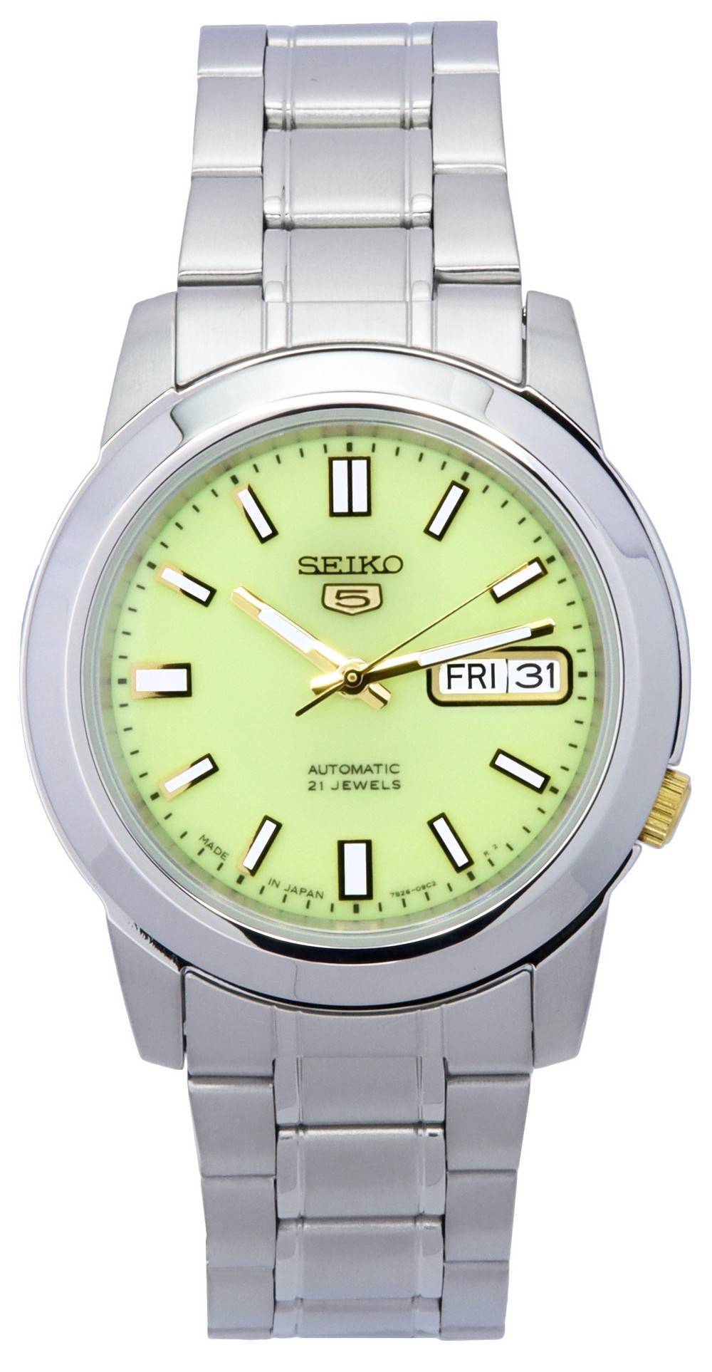 Seiko 5 Stainless Steel Green Dial Automatic SNKK19 SNKK19J. A brand-new Seiko watch featuring a Green dial and a Stainless steel strap. Angled view.