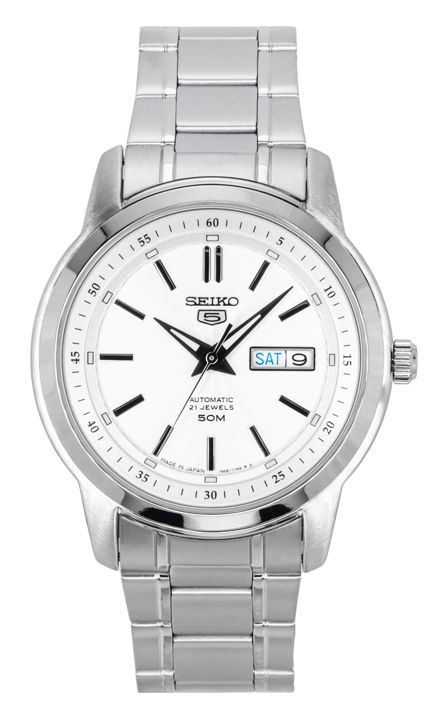 Seiko 5 Stainless Steel Silver Dial 21 Jewels Automatic. A brand-new Seiko watch featuring a Silver dial and a Stainless steel strap. Side view.