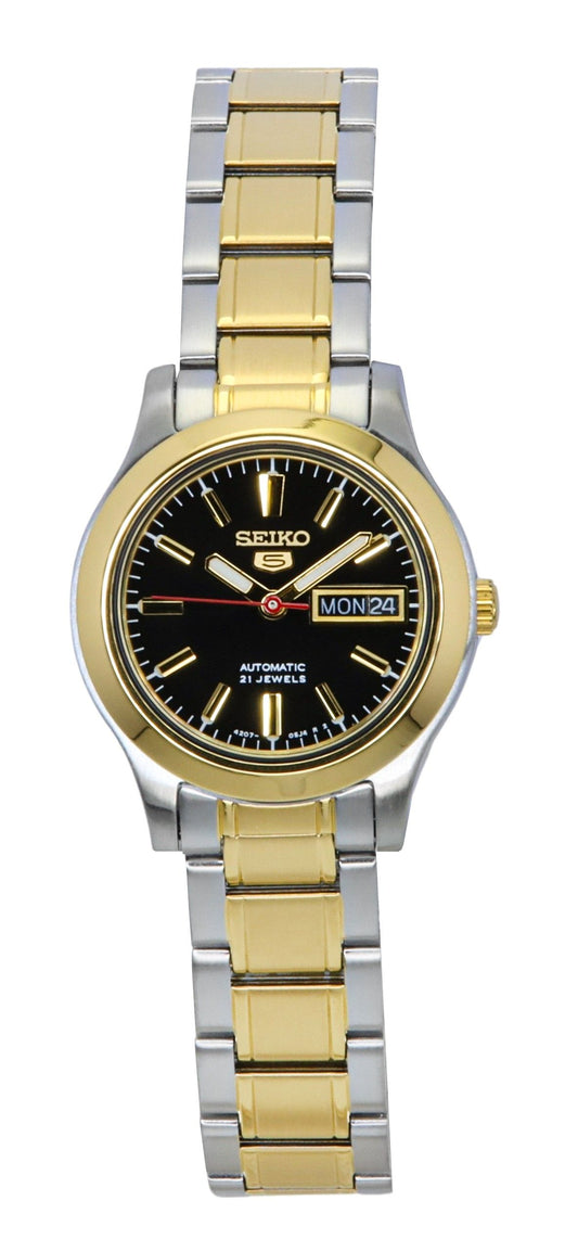 Seiko 5 Two Tone Stainless Steel Black Dial 21 Jewels. A brand-new Seiko watch featuring a Black dial and a Stainless steel strap. Front view.