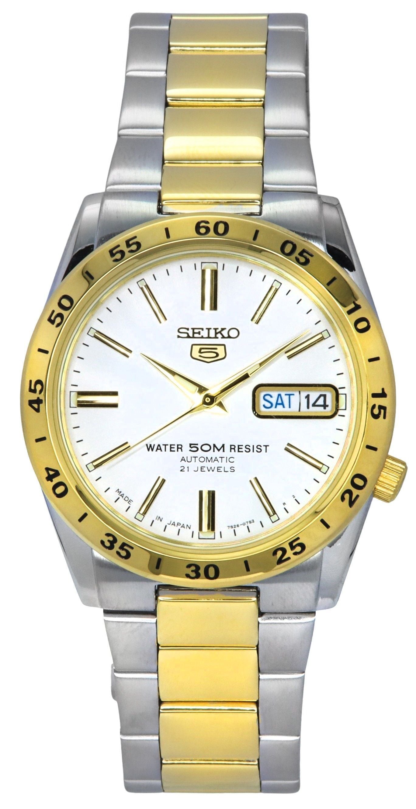 Seiko 5 Two Tone Stainless Steel White Dial 21 Jewels. A brand-new Seiko watch featuring a White dial and a Stainless steel strap. Angled view.