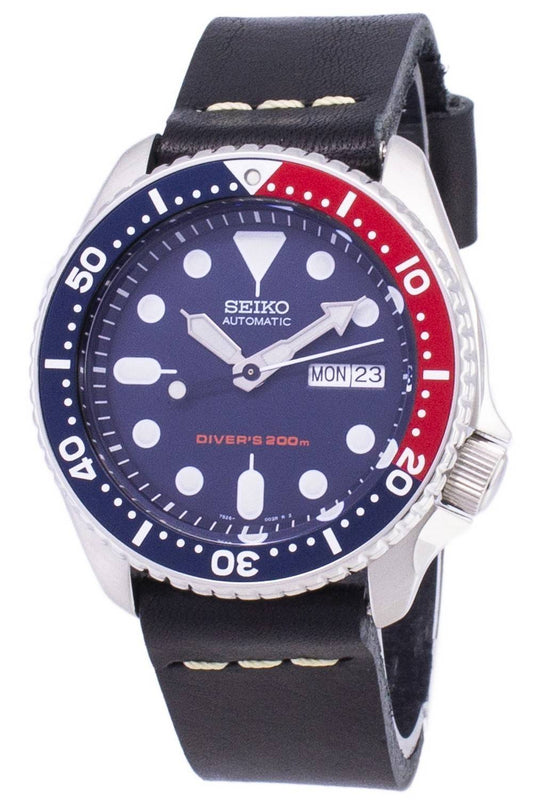 Seiko Automatic Diver's 200M Black Leather Strap. A brand-new Seiko watch featuring a Leather strap. Angled view.
