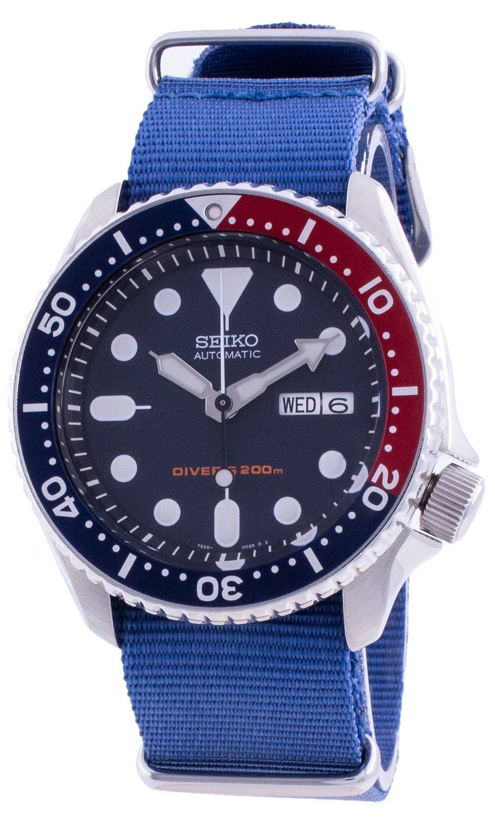 Seiko Automatic Diver's Deep Blue 200M Stainless Steel. A brand-new Seiko watch featuring a Nylon strap. Angled view.