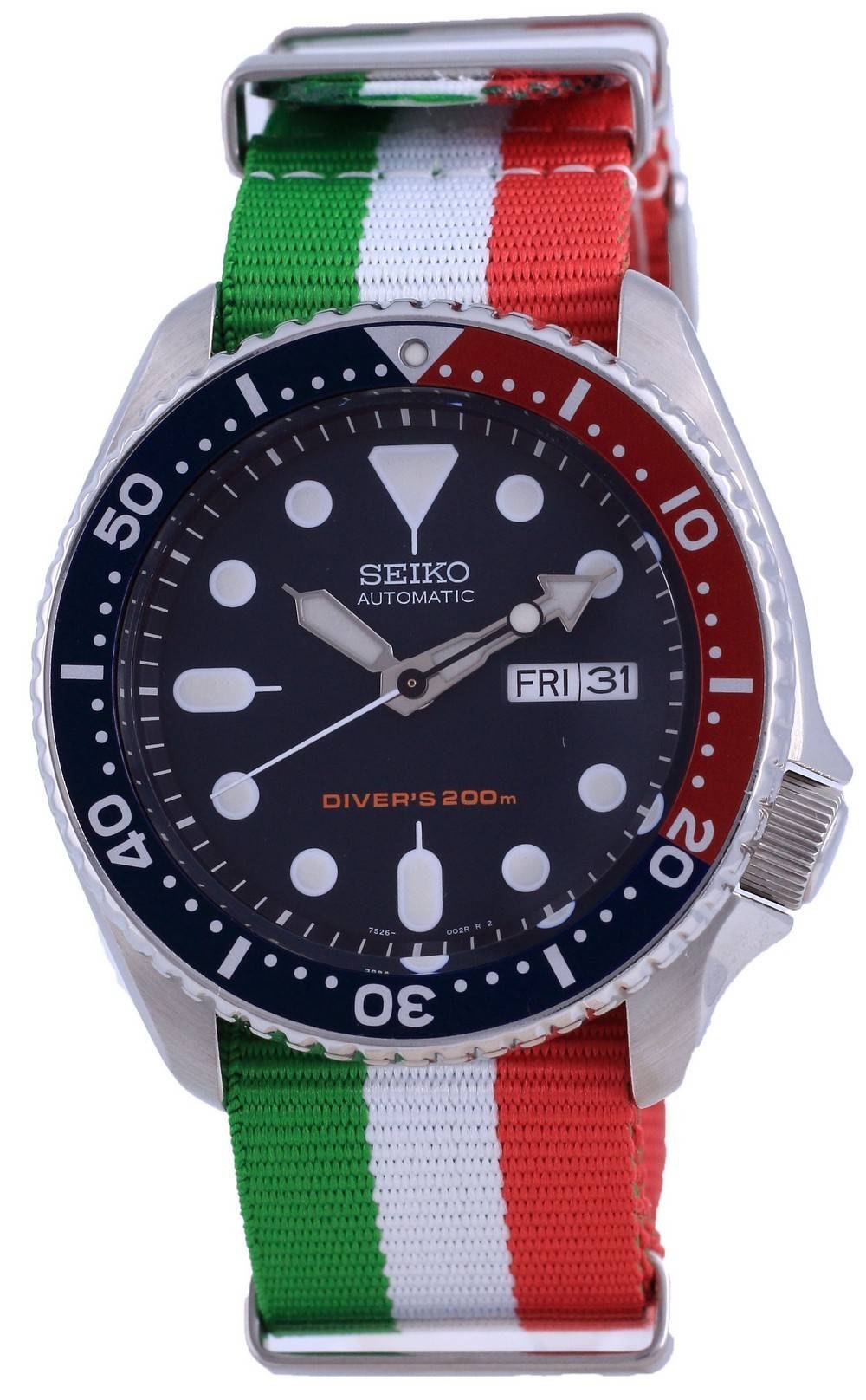 Seiko Automatic Diver's Polyester 200M Stainless Steel. A brand-new Seiko watch. Front view.