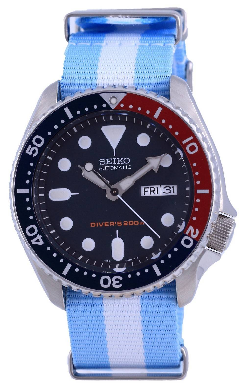 Seiko Automatic Diver's Polyester 200M Stainless Steel. A brand-new Seiko watch featuring a Stainless steel strap. Side view.