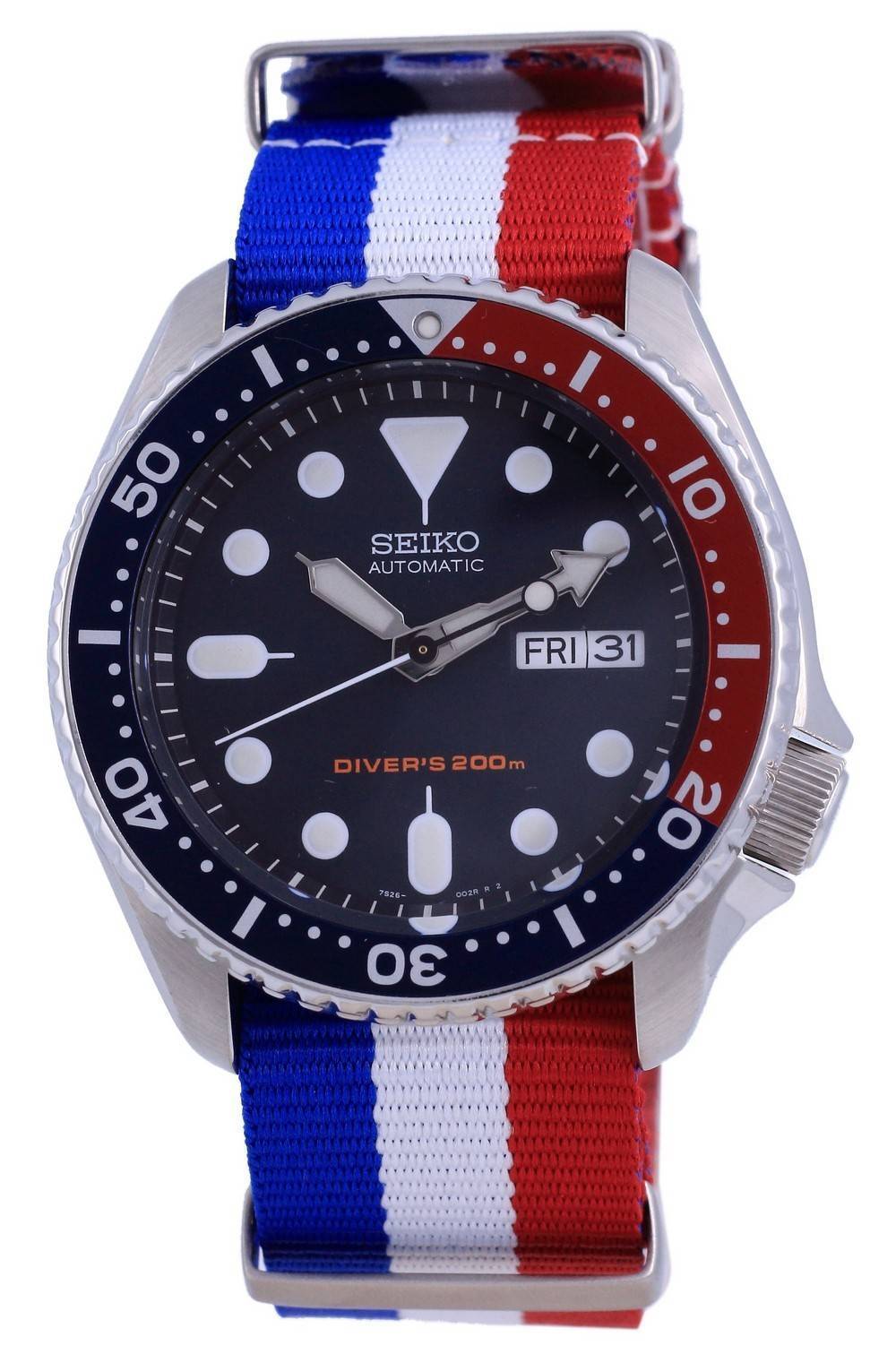 Seiko Automatic Diver's Polyester 200M Stainless Steel. A brand-new Seiko watch. Angled view.