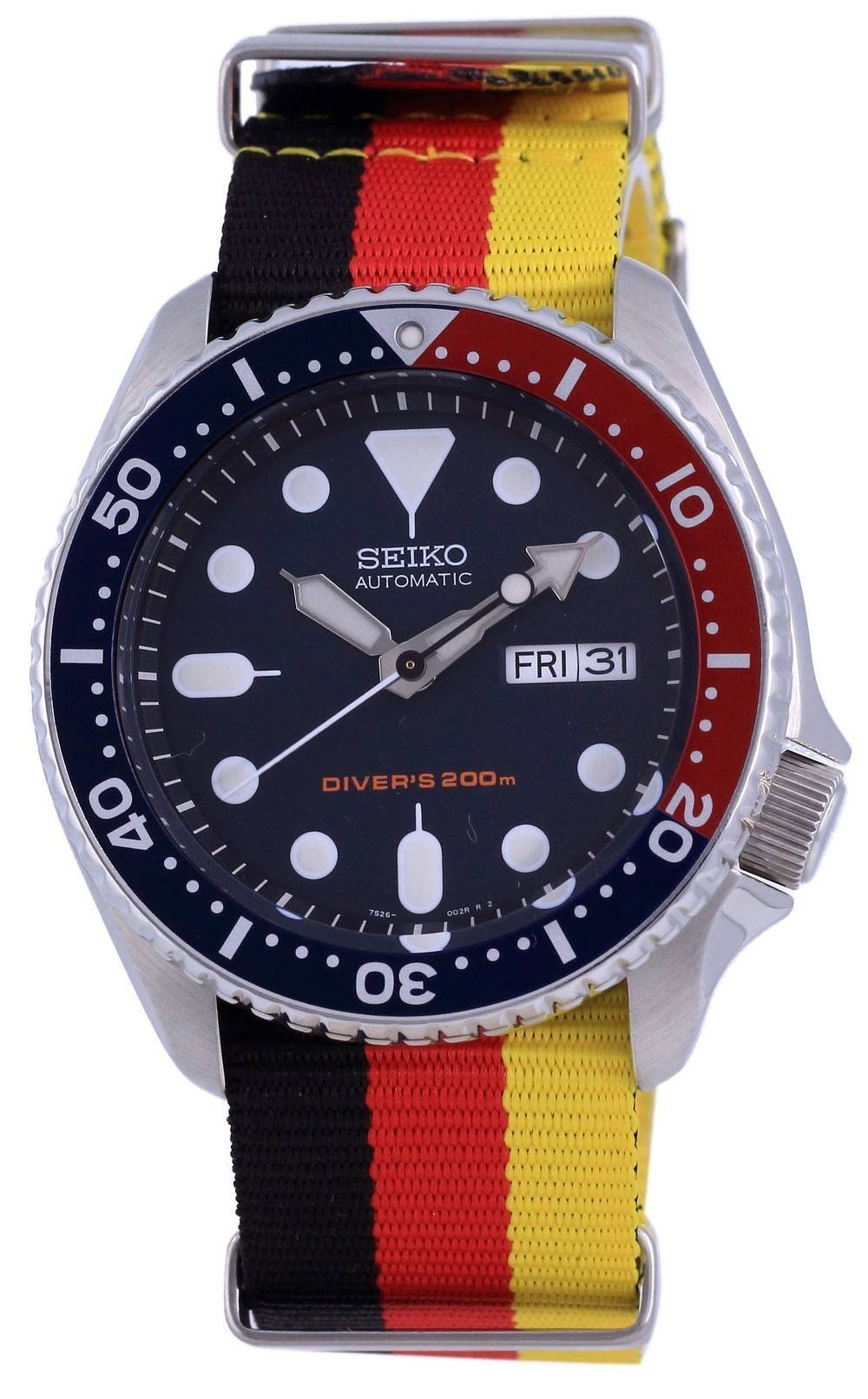 Seiko Automatic Diver's Polyester 200M Stainless Steel. A brand-new Seiko watch. Angled view.