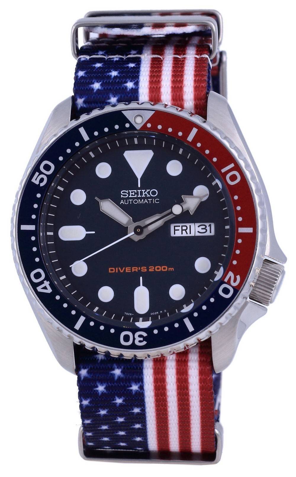Seiko Automatic Diver's Polyester 200M Stainless Steel. A brand-new Seiko watch. Side view.