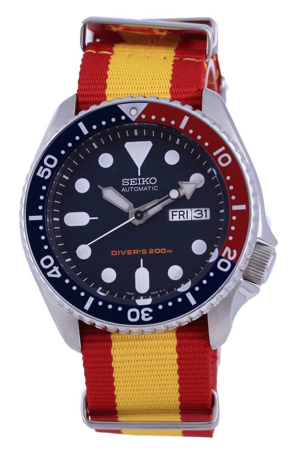 Seiko Automatic Diver's Polyester 200M Stainless Steel. A brand-new Seiko watch. Side view.